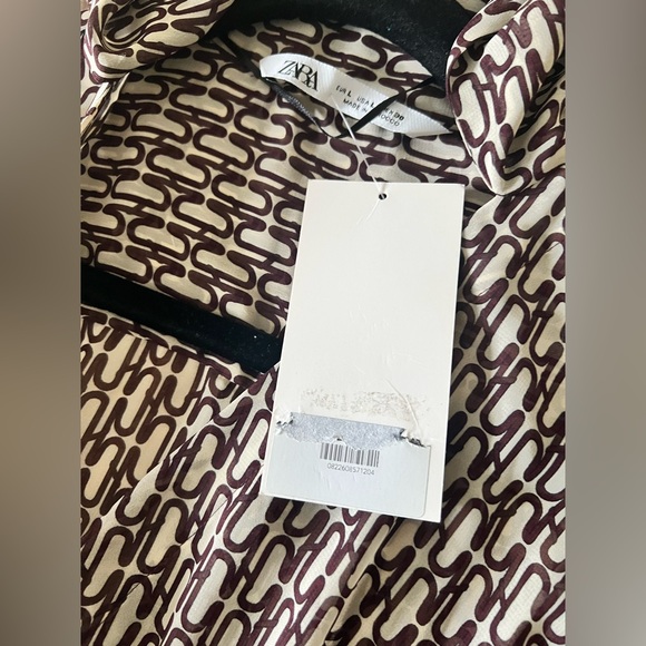 NWT Zara Brown Print Midi Dress Size XL Stunner! Bow Tie shirt dress long sleeve - Picture 10 of 16